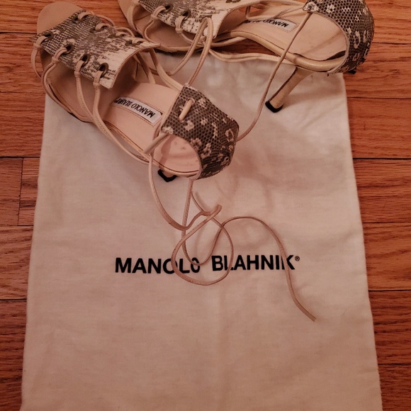 Manolo Blahnik Snakeskin Leather Wrap Sandal, 7.5 - Picture 1 of 4